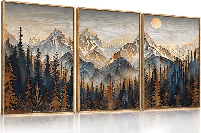 Mountain Wood Framed Canvas Wall Art Set,Rustic Pine Trees Wall Painting,Boho Ridge Scenery Wall Decor,Natural Sun Landscape Art Print for Living Room,Bedroom,Dining Room,Office-24 x36 x3