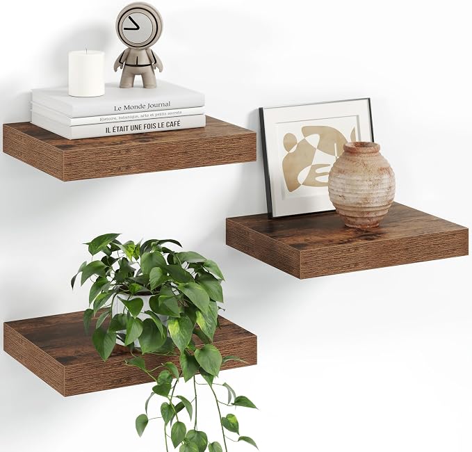 Fun Memories Floating Shelves for Wall with Invisible Brackets, 10 Inch Wall Mounted Wood Shelves with Wood Grain for Living Room, Bedroom, Bathroom, Kitchen Decor and Storage, Brown - Set of 3