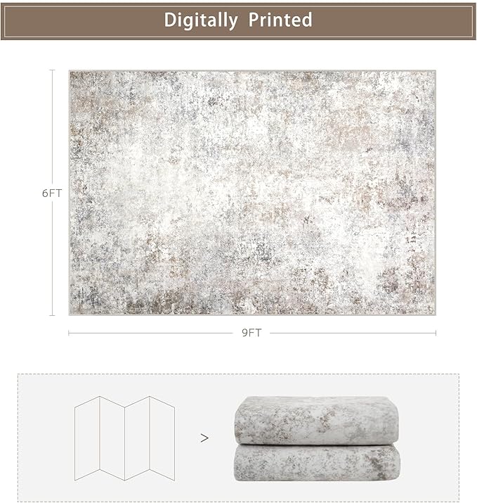 Srugn Washable Rugs 6x9 Area Rugs for Living Room,Modern Abstract Rugs for Bedroom,Large Carpets,Ultra Soft Faux Wool Retro Dining Room Rug,Non Slip&Non-Shedding Low Pile Print Rug- Beige Grey