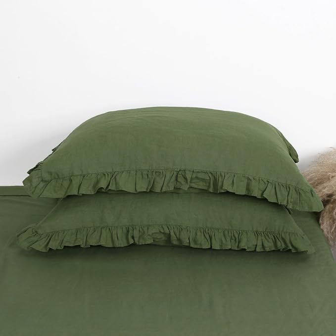 Linen Ruffled Pillow Cases,100% French Natural Linen Pillowcase Set of 2,Decorative Boho Pillow Cases Ruffle Bedding King Size (20''x40''),Olive Green