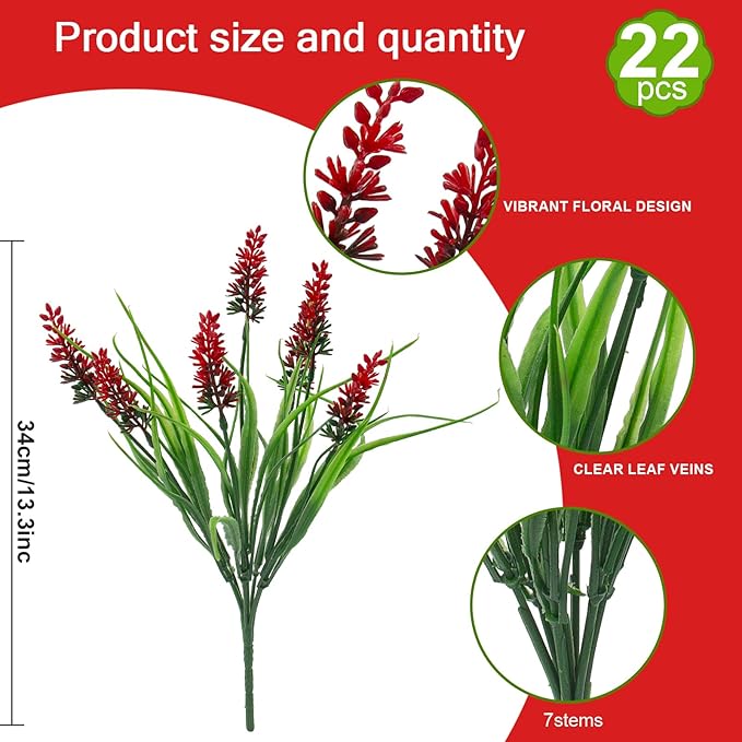 Rowfad 22 Pcs Artificial Outdoor Flowers Fake Outdoor Plants Monkey Grass with Red Flowers for Pot Decor for Window Garden Patio Hanging Planter Pathway Front Porch (22, Red)