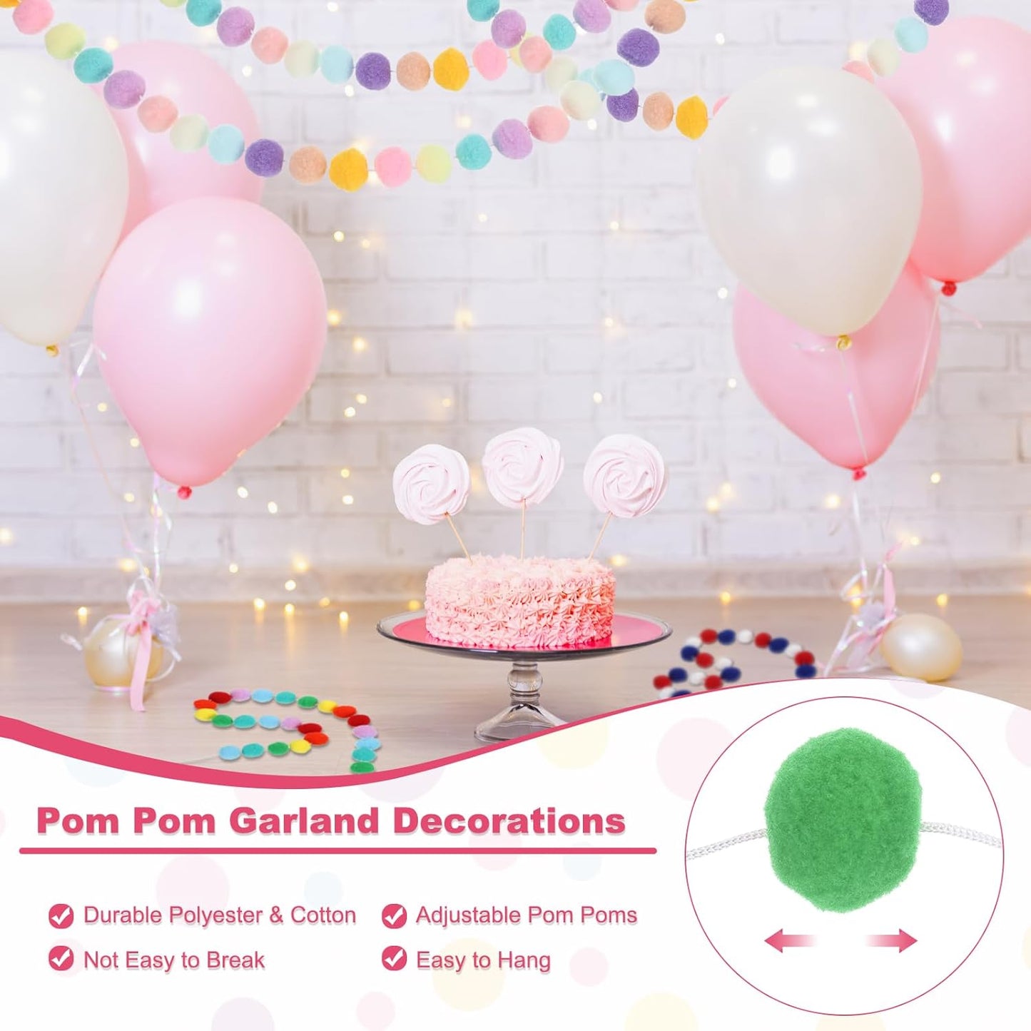 PATIKIL 26Ft Pom Pom Garland Decorations, 4Pcs Colorful Felt Ball Garland Banner Cute Rainbow Pompom Hanging Decorations for Tree Ornaments Decor, Pink/Green/Yellow/Purple/Blue/Orange