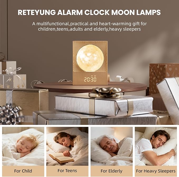 RETEYUNG Sunrise Alarm Clocks for Heavy Sleepers,Rotatable Moon Light with Gentle Wake-Up,Clock Night Lamp for Bedrooms - Snooze,10 Light Effects,10 Nature Sounds,15 Ringtones for Adults,Kids,Nursery