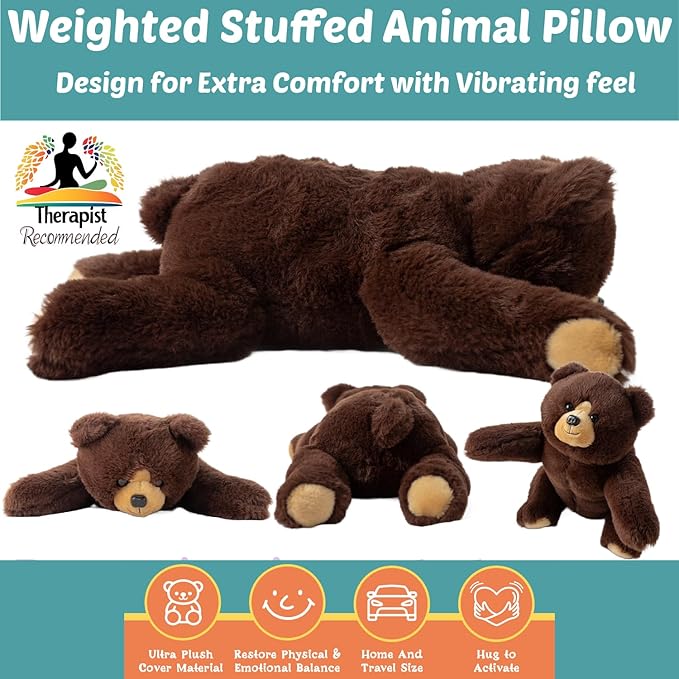 Lunapuer Bear Sensory Weighted Vibrating Pillow, Pressure Activated for Kids Adults, Plush Minky Soft Size: 11 by 20 inches Pillow Animal, Calming Therapy for Focus and Balance for Gift Birthday