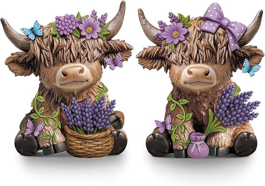 Wesiti 2 Pcs Mother's Day Lavender Highland Cow Figurines Gifts for Mom, Purple Scottish Gnome Resin Statue for Spring Summer Home Garden Kitchen Office Tiered Tray Decor