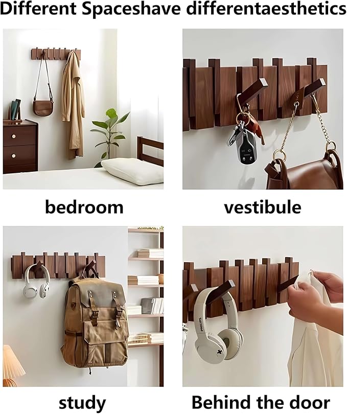 Wall Mounted Coat RackHooks Piano Key Hangers Natural Solid Wood Hanger Non-Woven Fabric Clothes Hangers for Closet, Kitchen, Bedroom, Bathroom, Entryway (Led Walnut, 12 Hooks)