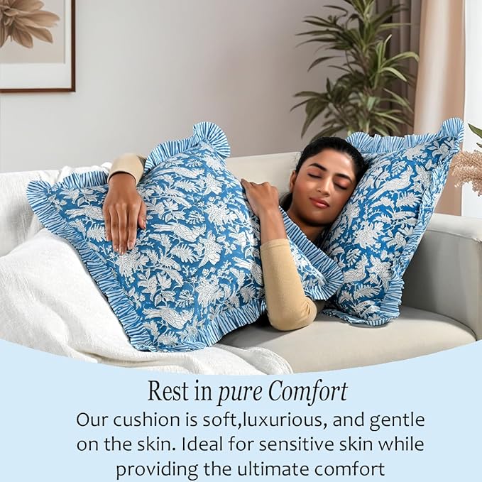 CPC Block Print Ruffle Throw Cover Blue Sapphire 20"x20" Inch Pack of 2-100% Cotton Ruffle Couch Decorative Boho Pillows Case for Living Room, Bedroom, Sofa, Farmhouse Gift for Spring, Mother's Day