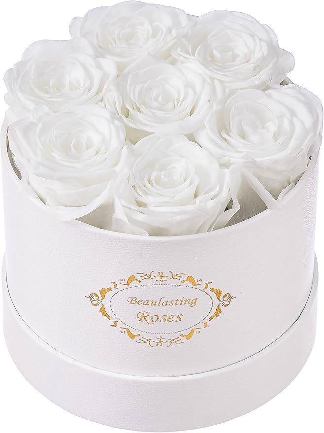 Beaulasting Long Lasting Preserved Roses in a Box Last a Year Forever Flowers for Her Mom Wife Anniversary Birthday (Round White Box, White)