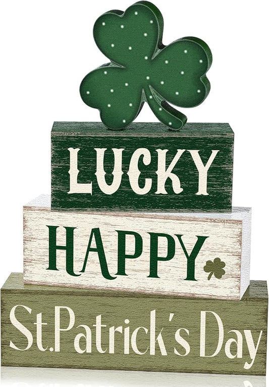 Marsui 4 Pcs St. Patrick's Day Decorations Shamrock Wooden Signs Green Irish Tabletop Centerpieces rustic Distressed Shamrock Blocks St Patricks Day Decor for Home Table Kitchen Shelf Tiered Tray