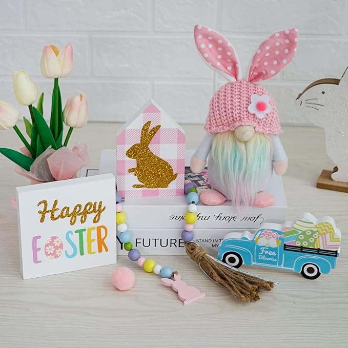 Easter Decorations, 5Pcs Easter Gnome Tiered Tray Decor, Glitter Easter Wood Signs, Truck Full of Eggs, Easter Bunny Gnome Plush, Spring Easter Bead Garland,Rustic Farmhouse Spring Easter Decor
