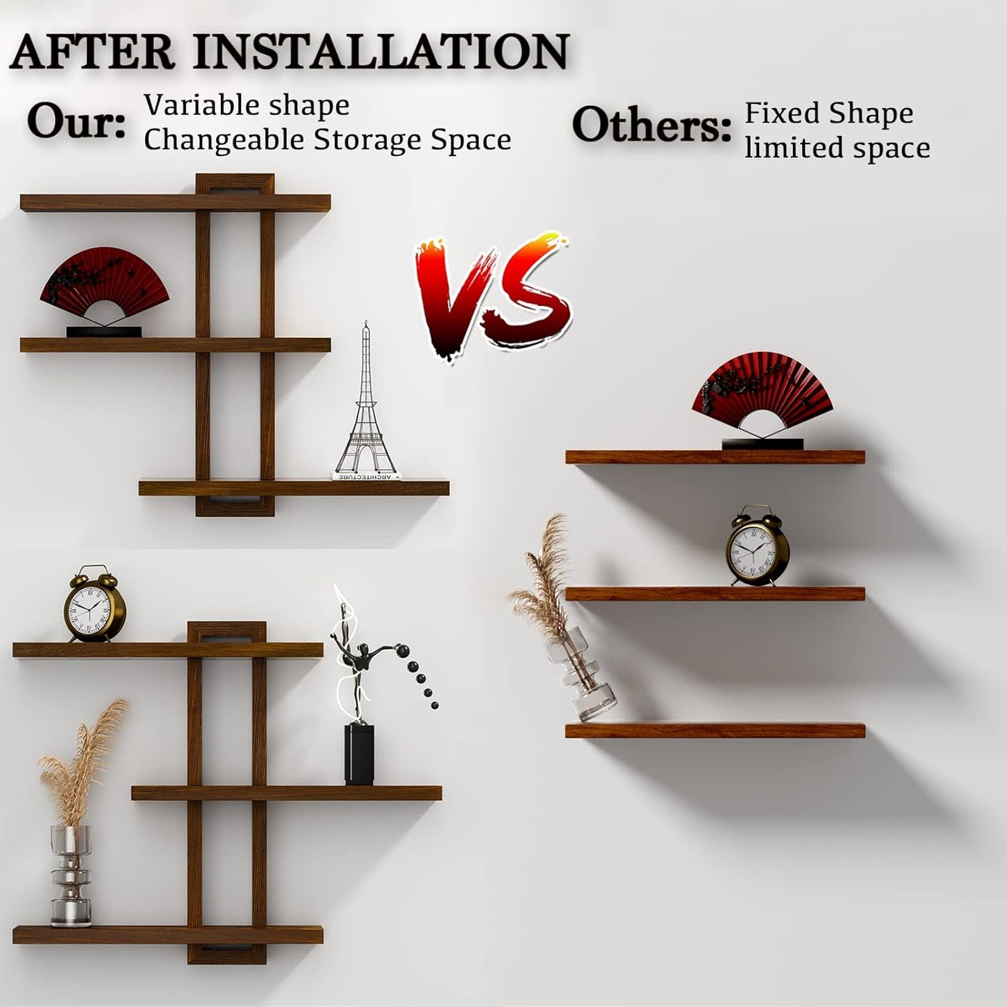 Variable Floating Shelves Wood Set of 3, Bathroom Shelves 28.35" Max, Rustic Shelves for Wall, Wall Shelves for Living Room Bathroom Bedroom Farmhouse - Dark Walnut Color - 28.35" x 23" x 4.3" Max