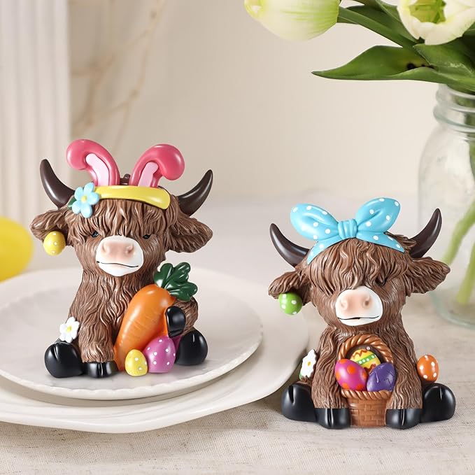 Karenhi 2 Pcs Easter Highland Cow Figurines Bunny Eggs Basket Highland Cow Gnomes Pink Rabbit Scottish Resin Statue Calf Lovers Gifts for Spring Home Kitchen Office Tiered Tray Table Decor
