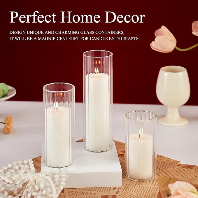 Set of 6 White Pillar Candles with Clear Glass Hurricane Holders- Elegant Cylinder Candle Vases for Weddings, Parties, Centerpieces, Home & Office Decor (White, 6 Set-Vase)