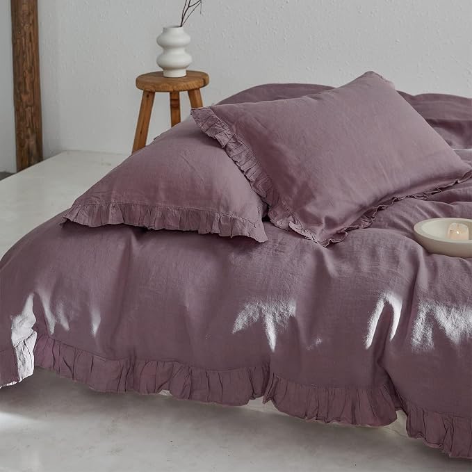 Simple&Opulence 100% Linen Duvet Cover Set, 3 PCS Natural French Flax Purple Ruffle Duvet Cover Queen Size, Breathable Comfy Linen Bedding Comforter Cover with 2 Pillowcases (Purple, 88" X 92")