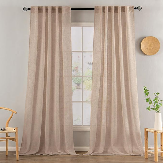 MIULEE Natural Beige Linen Curtains 108 Inches Long 2 Panels for Bedroom Living Room, Soft Linen Textured Window Drapes Semi Sheer Light Filtering Back Tab Rod Pocket Farmhouse Burlap Look Decor