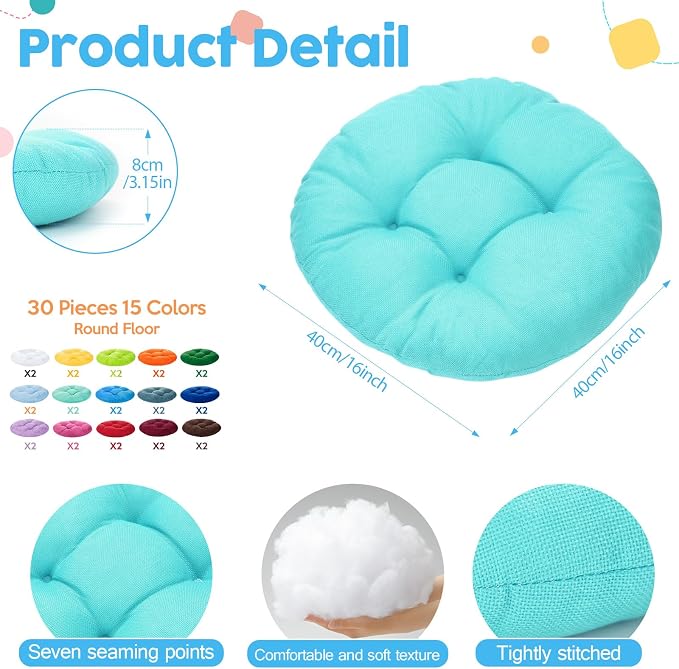 Fumete 30 Pcs 16 Inch Floor Cushions Pillow for Kids Bulk Classroom Round Flexible Seating Floor Cushions for Students Home Daycare School Reading Corner Yoga Meditation Picnic (Full-Color Blocking)