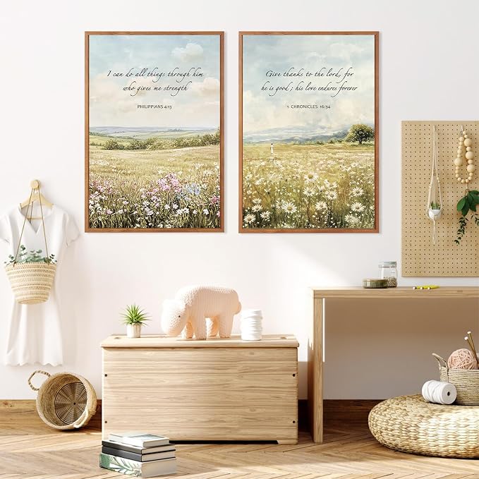 LHIUEM Christian Flowers Framed Canvas Wall Art,Vintage Bible Verse Wall Decor,Religious Jesus Prints,Natural Scripture Artwork for Living Room,Bedroom,Dining Room -16"x24"x3