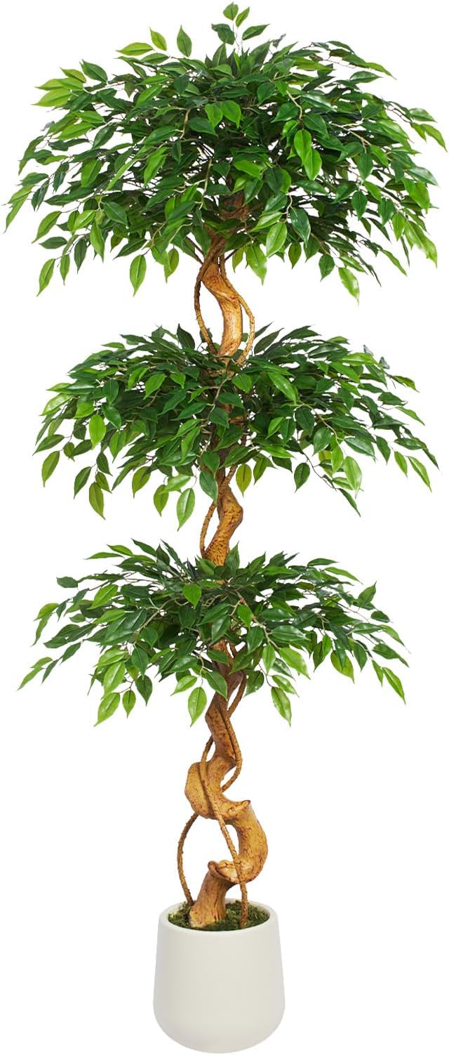 6FT Artificial Ficus Tree, 72in Fake Silk Tree with Natural Curved Trunk & 1860 Lush Leaves, Floor Faux Plant with White Pot, Low Maintenance Decor for Home, Office, Patio