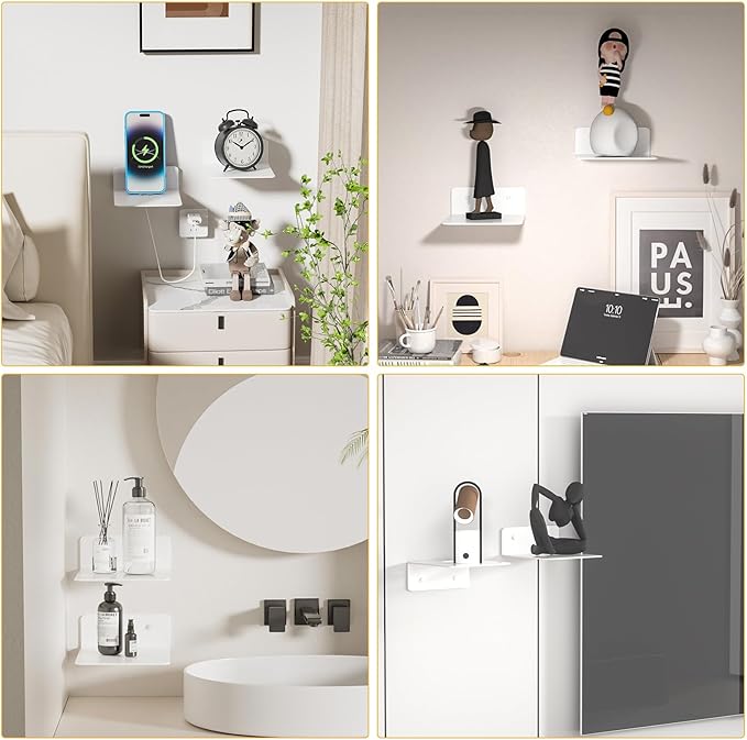 Wisfame Small Piano White Shelves for Wall, 4.92″ Metal Floating Shelves for Echo, Cameras, Small Speaker, Adhesive Display Ledges, No Drilling Wall Shelves for Bathroom, Living Room, Bedroom, 2 Pack