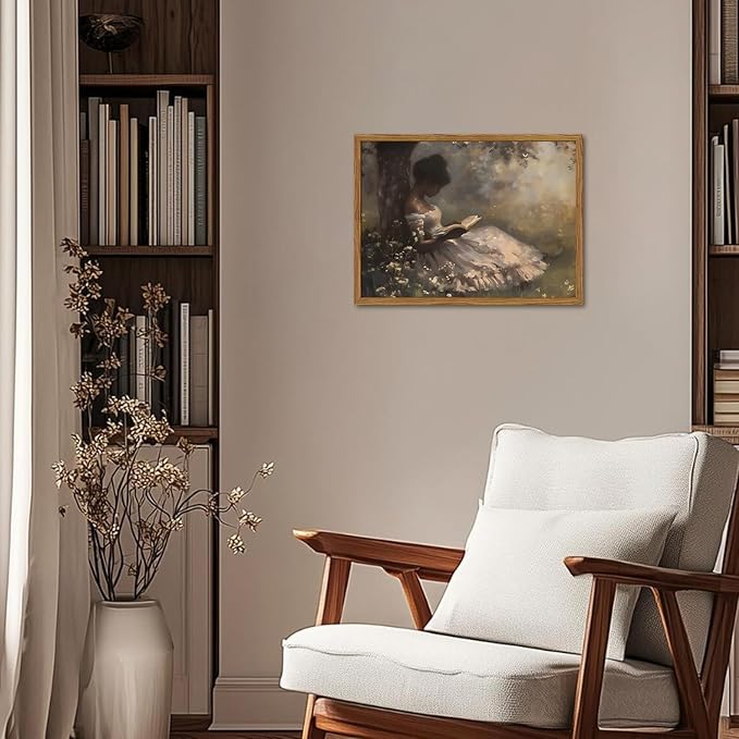 Framed Vintage Wall Art, Moody Black Girl Reading Book Pictures Wall Decor, Victorian Woman African American Paintings Canvas Prints Aesthetic Artwork for Home Living Room Bedroom 16x24 inch