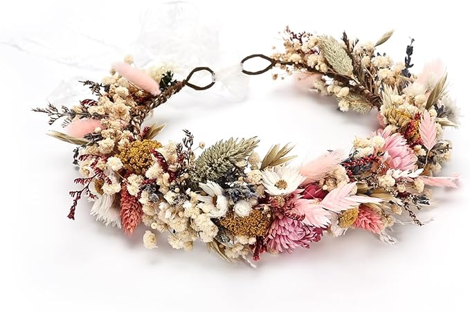 Handcrafted Dried Flower Crown, Natural Preserved Daisy Wreath Headband in Cream and Pink, Rustic Wedding Hair Garland for Kids and Flower Girls