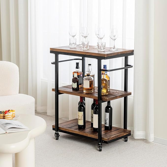 MyGift Rolling Bar Cart with Wheels, 3 Tier Home Bar Serving Cart, Drink Tea Coffee Cart for Kitchen Pantry Restaurant, Vintage Rustic Burnt Solid Wood and Industrial Matte Black Metal