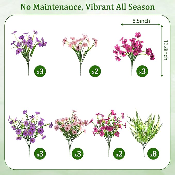 Yastouay 24 Bundles Artificial Flowers for Outdoors, UV Resistant Artificial Outdoor Flowers No Fade Fake Outdoor Flowers Plants for Garden Porch Window Box Pot Planters Decor (Mixing+Fern A)
