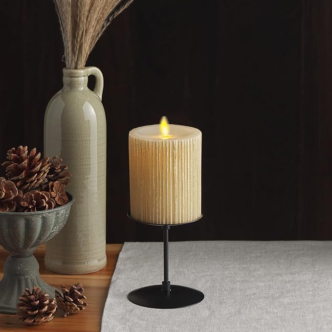 Luminara Flameless LED Candle (3.25x4.5) with Embossed Metallic Furrow, Moving Flame LED Pillar, Real Wax with Recessed Edge, Battery Operated - Pearl Ivory