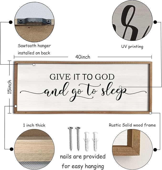 Give It To God And Go To Sleep Sign Wall Decor 40"X15" Master Bedroom Above Bed Large Farmhouse Wall Decor Wood Rustic Framed Over Bed Wall Art Hanging Decoration (Wood White)
