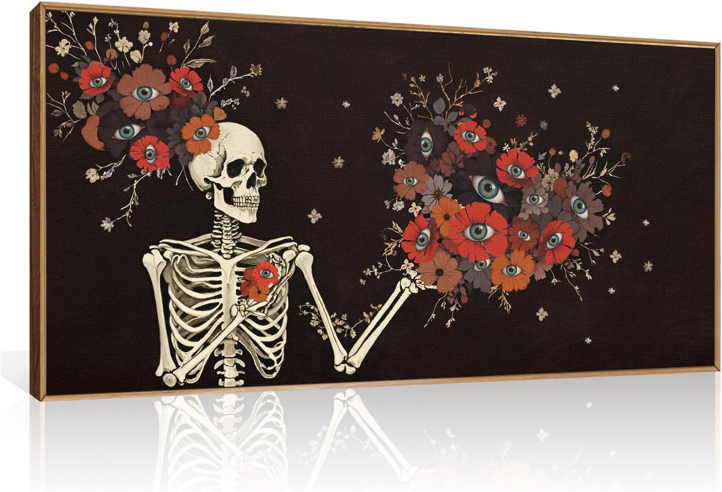 KAIRNE Halloween Skeleton Wall Art,Gothic Skull Canvas Set of 1(40”x20”),Romantic Spooky Floral Botanical Print,Scary Skull Painting,Horror Halloween Wall Art for Living Room Bedroom Goth Party Decor