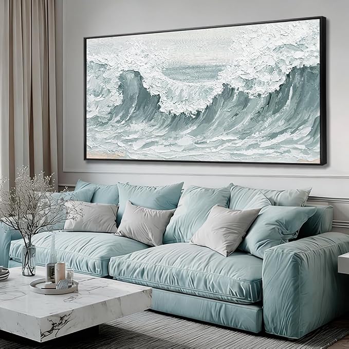 Sea Wave Abstract Light Green Wall Art for Living Room Artwork Canvas Art Wall Decor Painting Print Picture for Bedroom Office Hotel Home Decoration 24"x48"With Framed