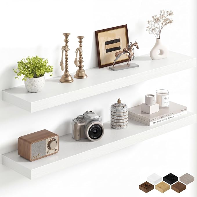 Fun Memories 40Inch Floating Shelves for Wall, 8 Inch Deep Shelves for Bathroom|Bedroom|Kitchen, Large Wall Mounted Wood Hanging Shelf with Invisible Brackets for Home Storage Decor, White - 2 Pack