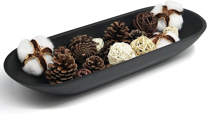 Long Decorative Bowl for Centerpiece, Dough Bowl for home decor 16" Black | Minimalist Design Dough Bowl Decor for Coffee Table and Dining Table Centerpiece. Clutter Organizer with Anti-Slip Base