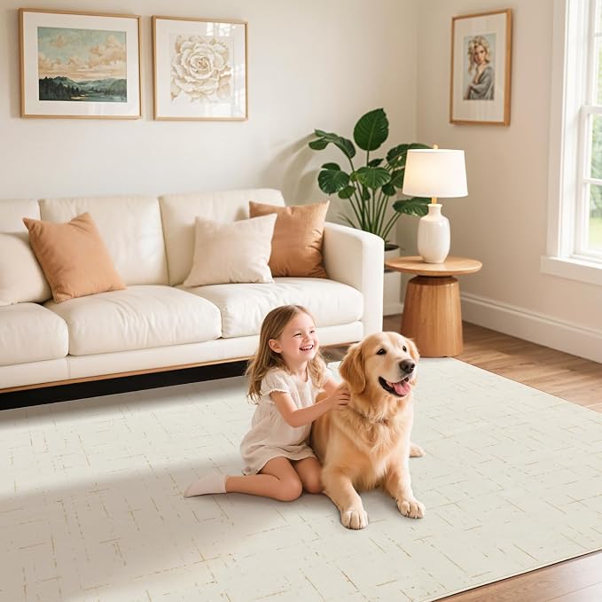 LIANLAM Washable Rug Area Rugs for Living Room - Stain Resistant Non-Slip Backing Boho Rug for Bedroom,Durable & Ultra-Thin Vintage Large Area Rug(3' x 5',White)