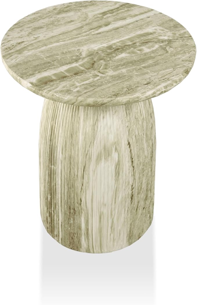 24/7 Shop at Home Ranera Modern 17-inch Natural Stone Side Table with Round Pedestal Base, Marble Nightstand, Fluted Patio End Table, for Living Room, Covered Outdoor Spaces, Balcony, Green Travertine