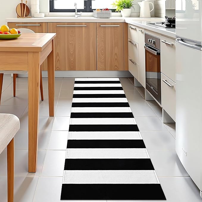 OLANLY Black and White Striped Rug 2' x 6' – Washable Cotton Indoor Outdoor Doormat for Front Door, Entryway, Kitchen, Porch, Patio Decor