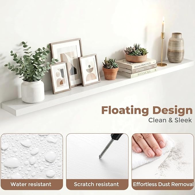 Venusmiles Floating Shelves for Wall, 72 Inch Floating Shelves Set of 1, 6.5" D Wooden Wall Mounted Display Shelves with Invisible Brackets for Living Room, Bedroom, Bathroom, Kitchen Decor, White