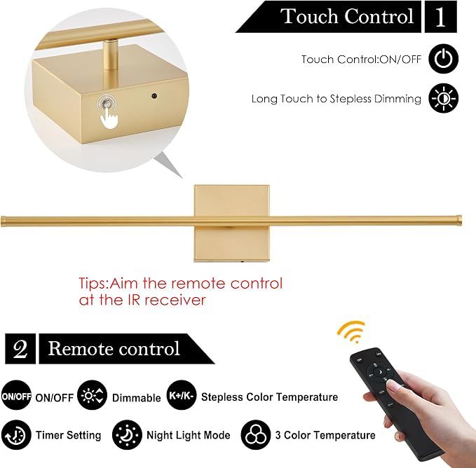 KARTOOSH Removable Battery Operated Wall Sconces with Remote Control, Stepless Colors 3000K-6000K & Dimming, 350°Rotate, LED Gold Wireless Wall Light for Living Room, Bedroom, 32.2 Inch (2 Pack)