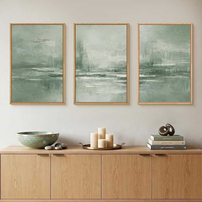 HPNIUB Large Abstract Sage Green Framed Canvas Wall Art Set,Vintage Neutral Brush Stroke Wall Decor, Minimalist Lake Landscape Artwork for Living Room,Bedroom,Office-16 x24 x3