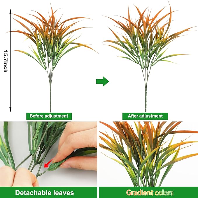 Ouddy Decor 16 Bundles Artificial Plants Outdoor Fake Grass Greenery Stems UV Resistant Faux Plastic Plants Shrubs for Spring Summer Garden Pathway Window Box Farmhouse Front Porch Home Decor, Orange