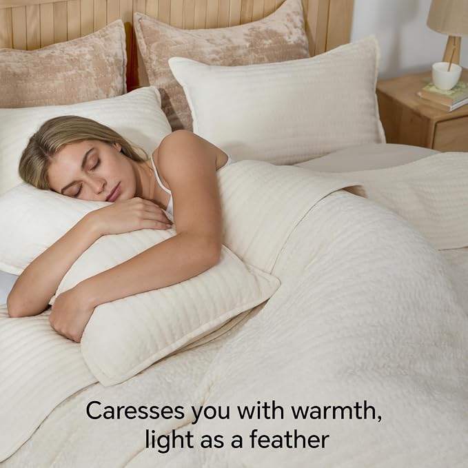 BEDELITE Velvet Quilt Set Queen Size - Luxury Soft Velvet Comforter Bedding Set for All Season, Lightweight Quilted Channel Stitch Oversized Bedspread Coverlet with 2 Matching Shams, Ivory White