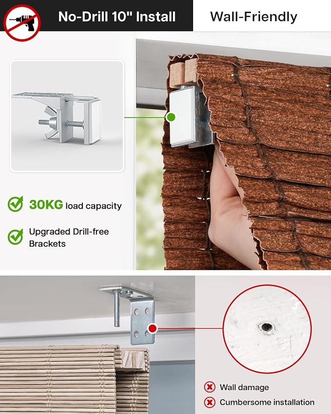 LazBlinds No Drill Cordless Roman Shades for Windows, Light Filtering Privacy Protection Thermal Insulation UV Blocking Natural Panama Weave Fabric Blinds for Windows, 29" W x 64" H, Brown