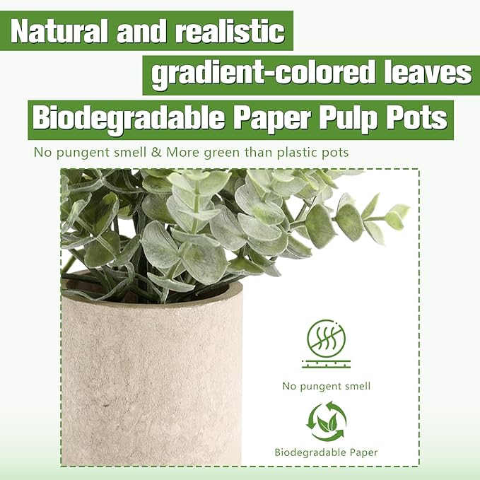 ALAGIRLS 2 Pack Small Fake Plants, 10" Artificial Eucalyptus Plants Indoor, Small Faux Plants in Pulp Pot for Bathroom Bedroom Kitchen Office Living Room Decor