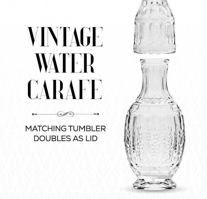 Elle Décor Vintage Bedside Water Carafe with Tumbler – Elegant Pitcher and Matching Drinking Glass Doubles As Lid For Guest Room, Office, or as a Gift, 4.7x10.4, Clear
