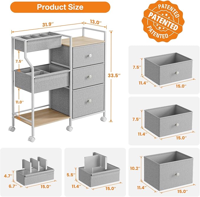 Modanais Baby Organizer and Storage - 3 Tier Rolling Cart with Dividers and Drawers, Easy To Assemble, Mobile Utility Cart with Wheels for Nursery, Bedroom, Changing Table & Crib,Light Gray