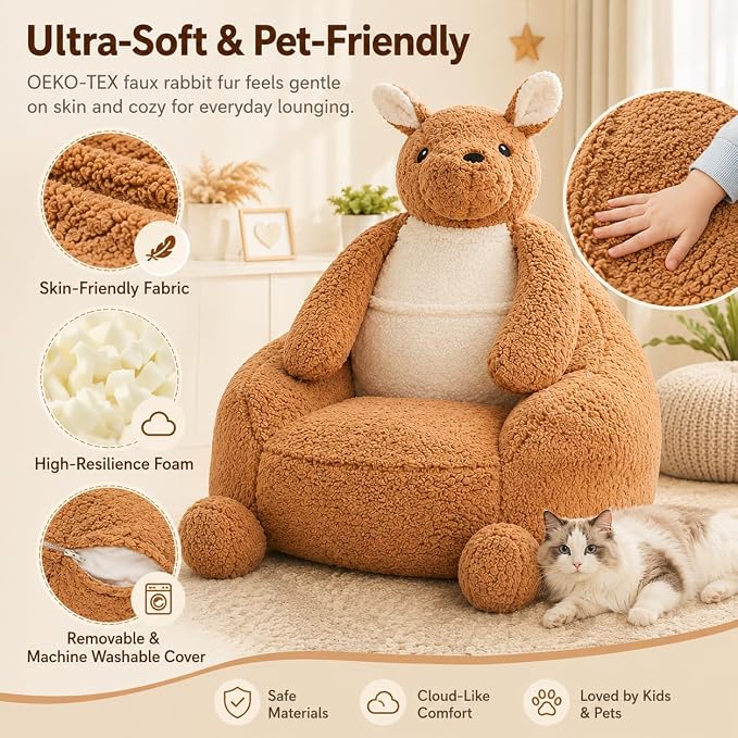 31 Inhces Memory Foam Bean Bag Chair - Ultra Soft Faux Rabbit Fur Sofa with Handle & Machine Washable Cover, Comfy Lazy Chair for Kids Teens, Perfect for Reading Gaming in Living Room Bedroom，Brown