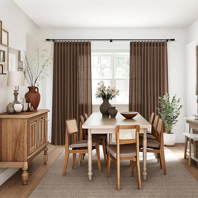 Jowels Caramel Brown Linen Curtains 90 Inch Long 2 Panels for Living Room | Light Filtering Semi Sheer Curtain, Back Tab Pocket Pleated Look, Boho Farmhouse Textured Privacy Drapes for Bedroom Window