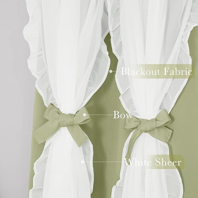 PONY DANCE Blackout Curtains for Whimsical Forest Teen Room，Double Layer Drapes Ruffle Sheer Overlay Farmhouse Rustic Design, W 52 x L 84 Inches, Meadow Green, 2 Panels