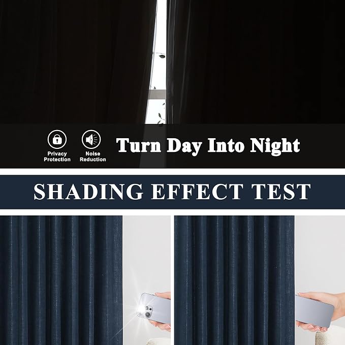 Vision Home Navy Blue Pinch Pleated Full Blackout Curtains Linen Blended Room Darkening Window Panels 95 inch for Living Room Bedroom Thermal Insulated Pinch Pleat Drapes with Hooks 60" Wx95 Lx1