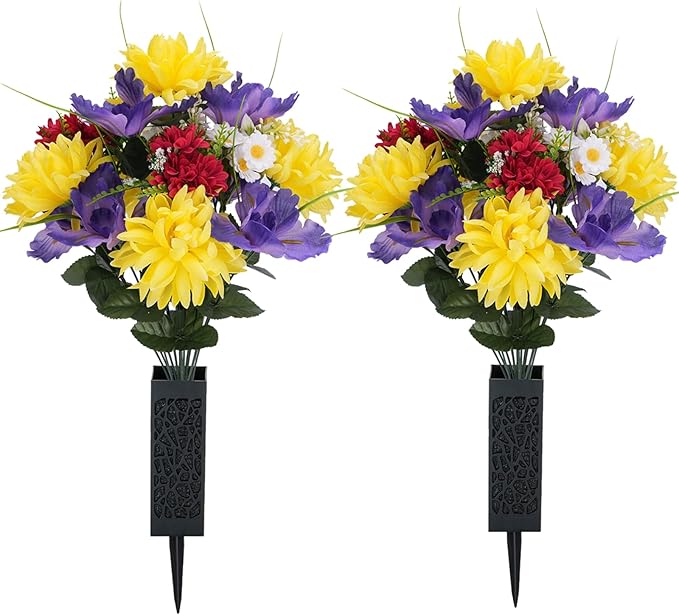 Artificial Memorial Flowers for Cemetery: 2 Pcs Cemetery Flowers for Grave Decorations - Realistic Yellow Mums Purple Iris Bouquets with Vases for Gravisite Outdoor